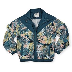 1 Sunset Lane Tropical‎ Leaf Print Teal Blue Bomber Jacket Women's Size Small